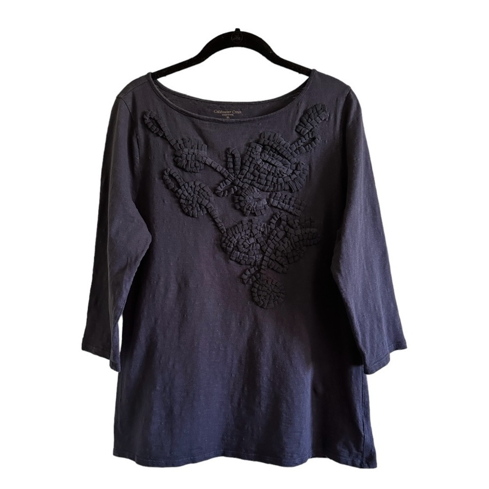 COLDWATER CREEK, NAVY BLUE TOP. ROUND NECK, DECORATIVE FRONT. SIZE 10-12
